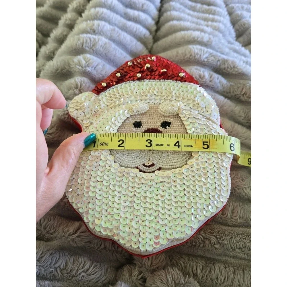 Santa Claus Beaded Sequin Trinket Box Red Satin Christmas Holiday Decor Handmade